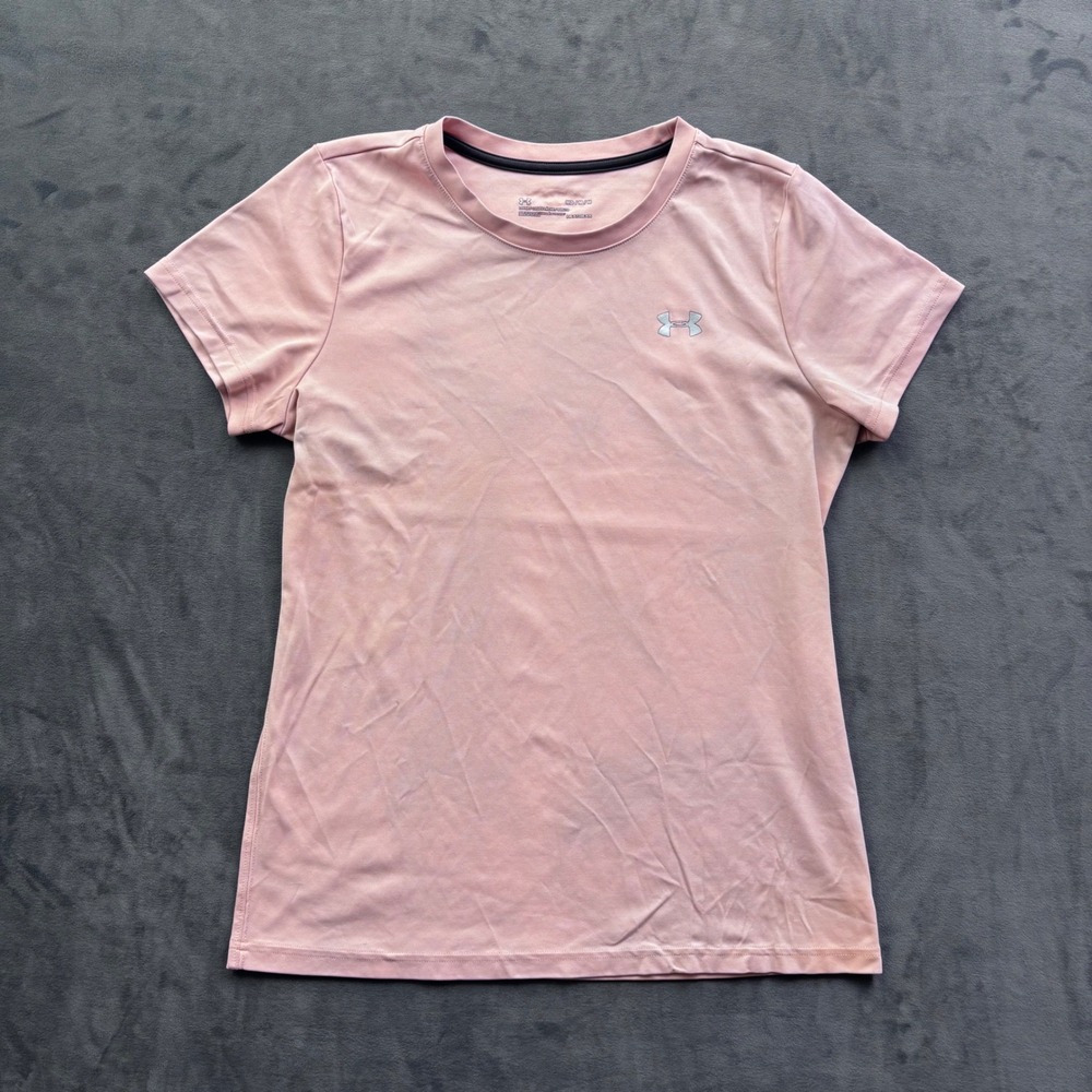 Under Armour HeatGear Womens Short Sleeve T-Shirt Peach Pink Loose Fit MD